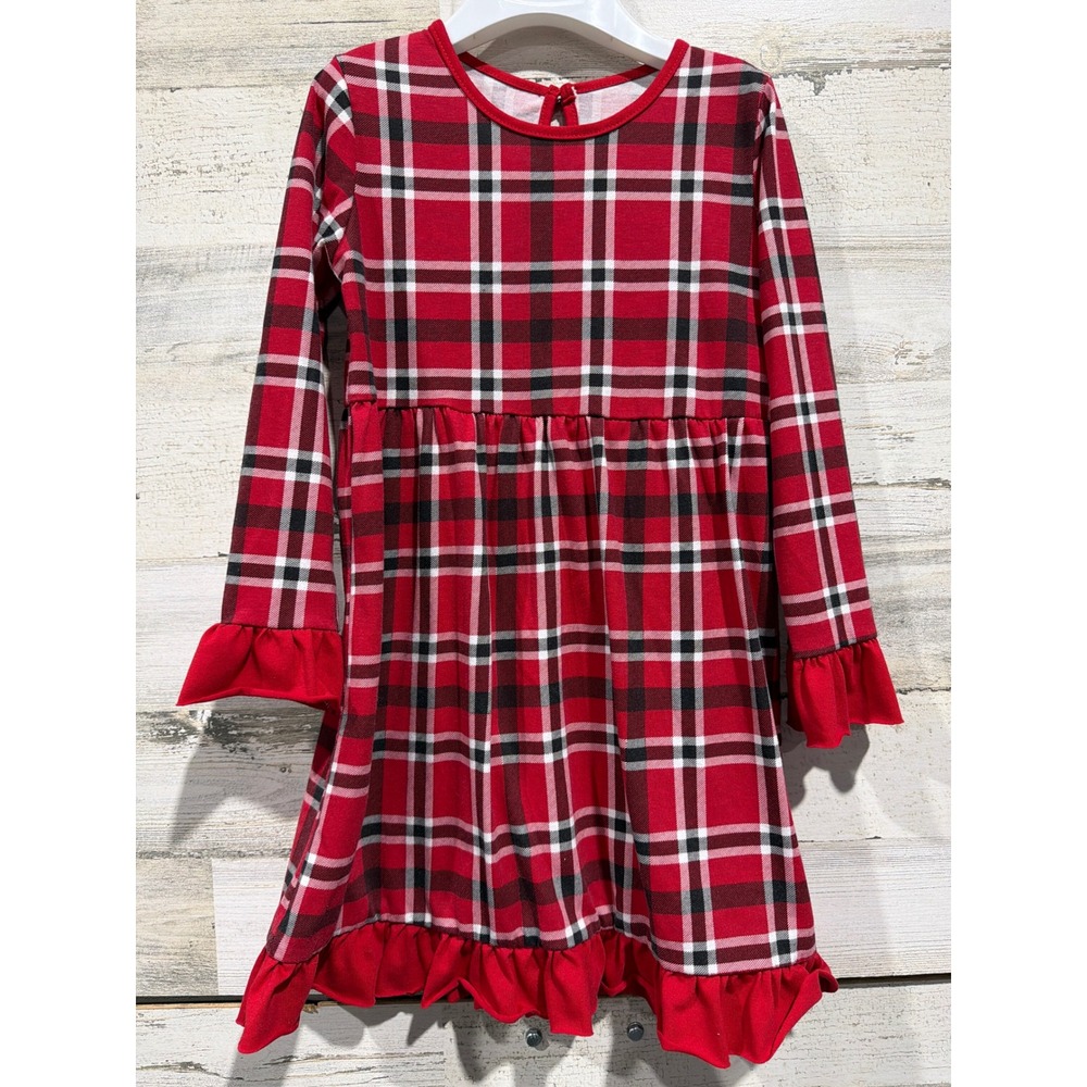 Planet Cotton Dress Girls‎ 6 Red Plaid Ruffle Holiday Classic EUC